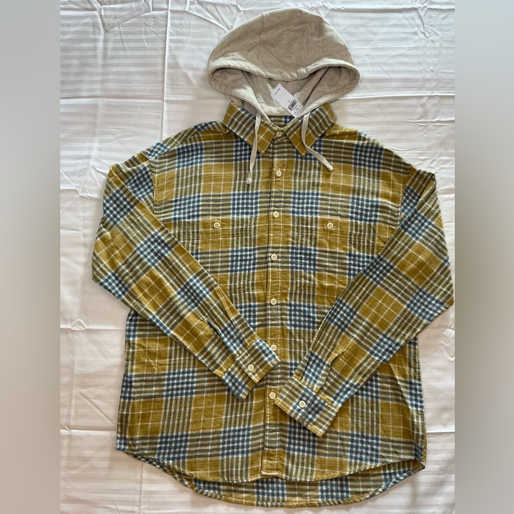 NEW AMERICAN EAGLE Mustard / Blue Plaid Flannel Hooded Shirt men’s Large NWT